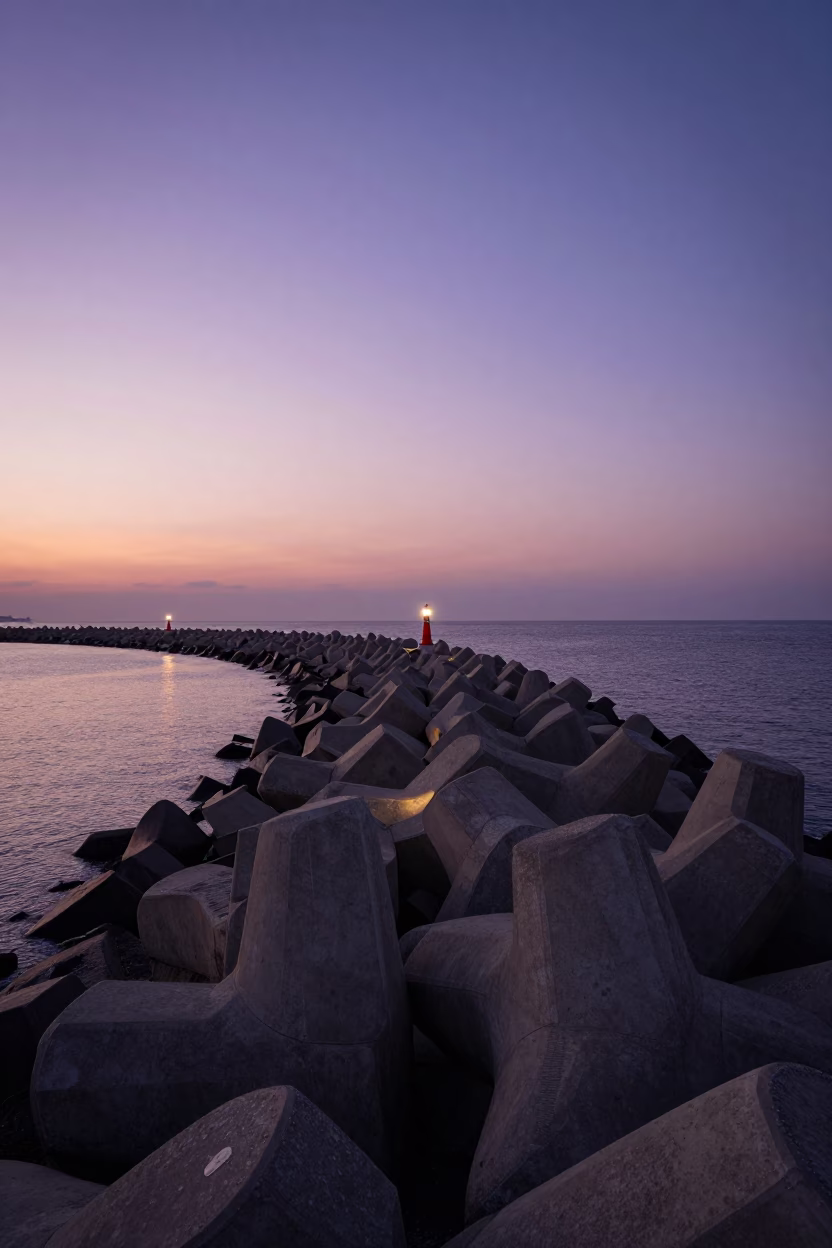 Sunset Light on Busan Coastal Breakwater with Warning Beacons at Dusk in in Busan, South Korea