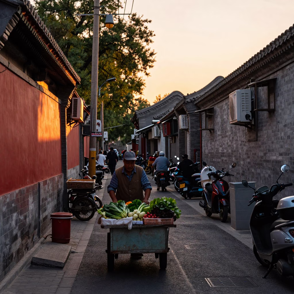 Sunset Light on Busy Alleyway in Beijing in in Beijing, China