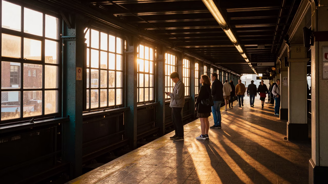 Sunset light on busy Philadelphia subway station platform with commuters and vintage art tiles in in Philadelphia, Pennsylvania, United States