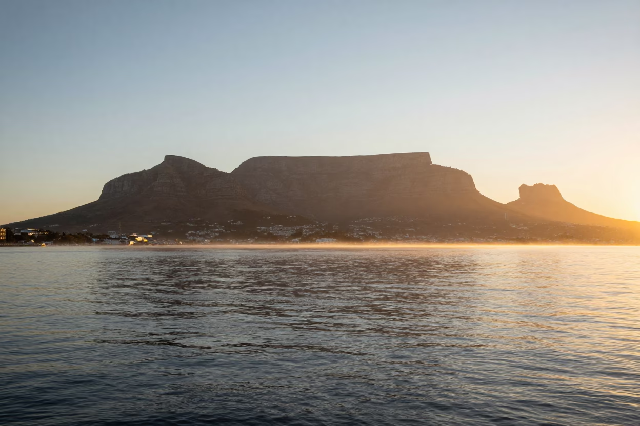 Sunset Light on Cape Town Table Mountain and Water Rings on Metal Railing in in Cape Town, South Africa