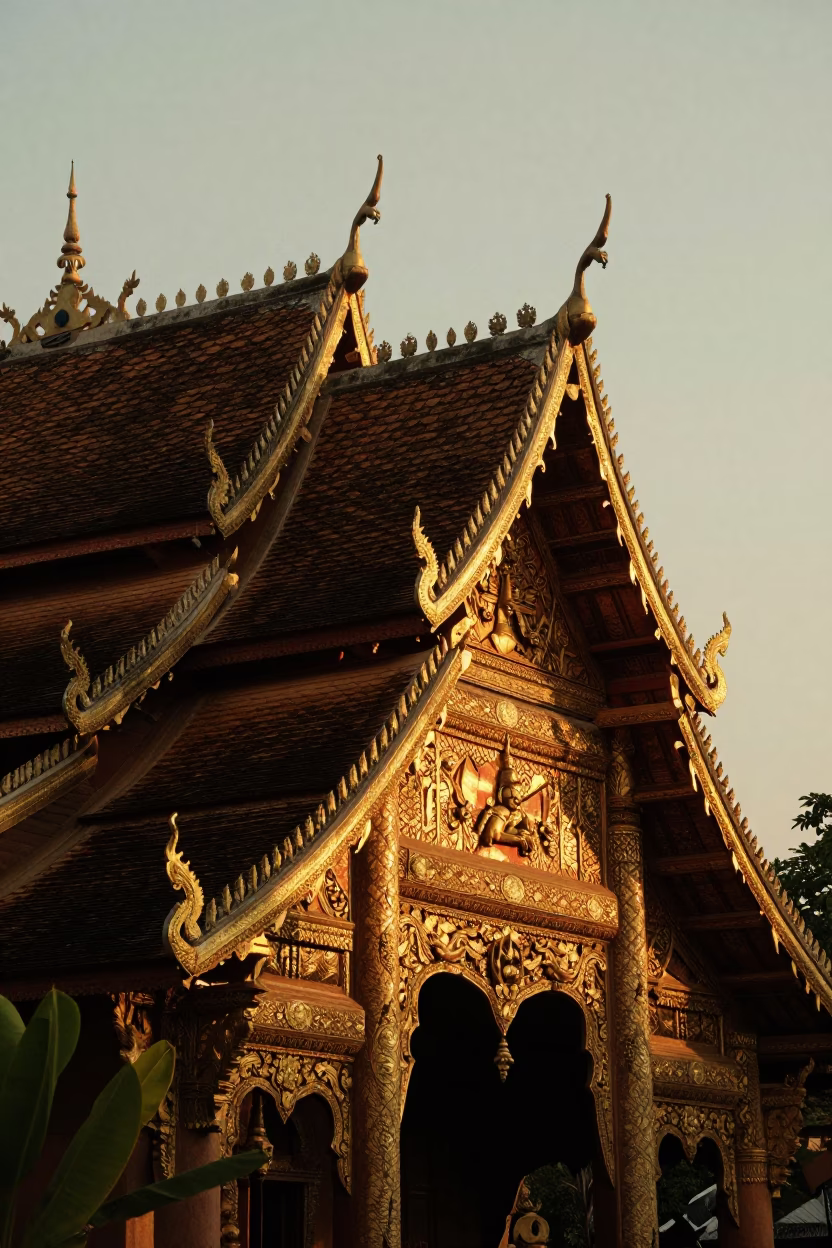 Sunset Light on Chiang Mai Temple Roof and Traditional Lanna Architecture in Golden Hour in in Chiang Mai, Thailand