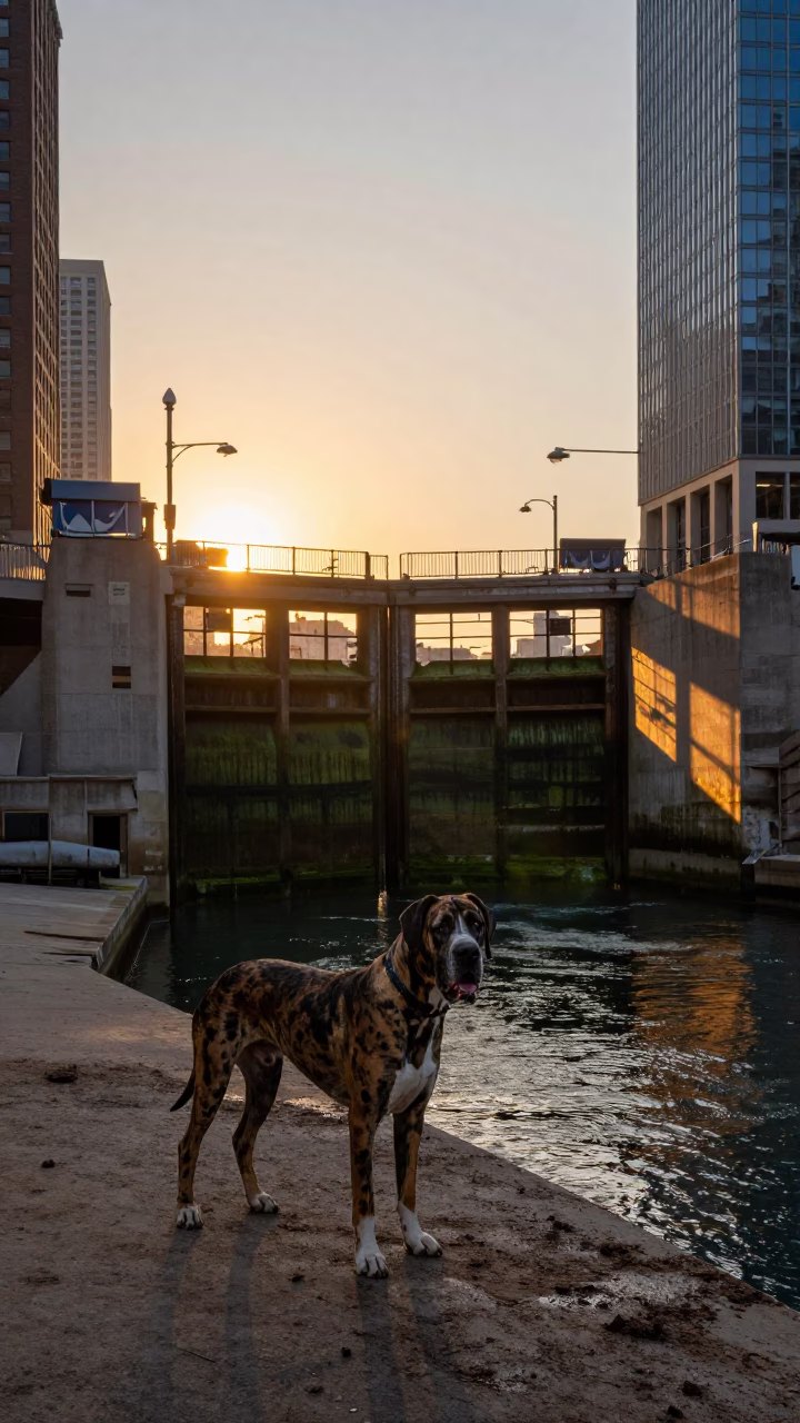 Sunset Light on Chicago River Floodgate with Great Dane and Vintage Pitcher in in Chicago, Illinois, United States
