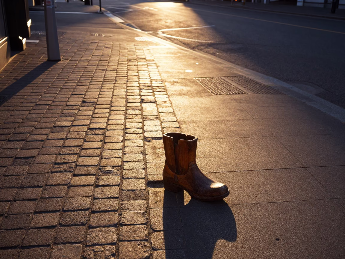 Sunset Light on Christchurch Street Corner with Wooden Boot Scraper and Cobblestone Pavement in in Christchurch, New Zealand