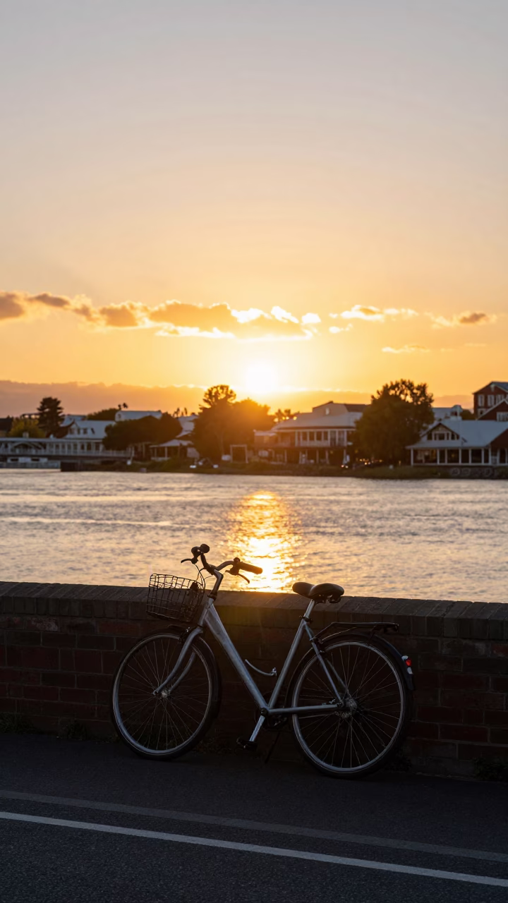 Sunset light on Christchurch street with bicycle and local market details in in Christchurch, New Zealand