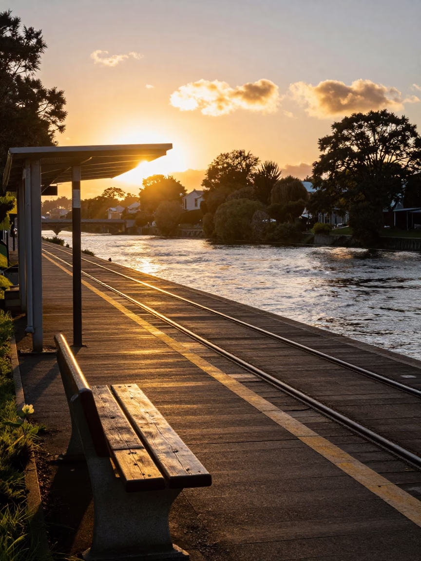Sunset Light on Christchurch Tram Tracks Near Avon River with Rust Details in in Christchurch, New Zealand