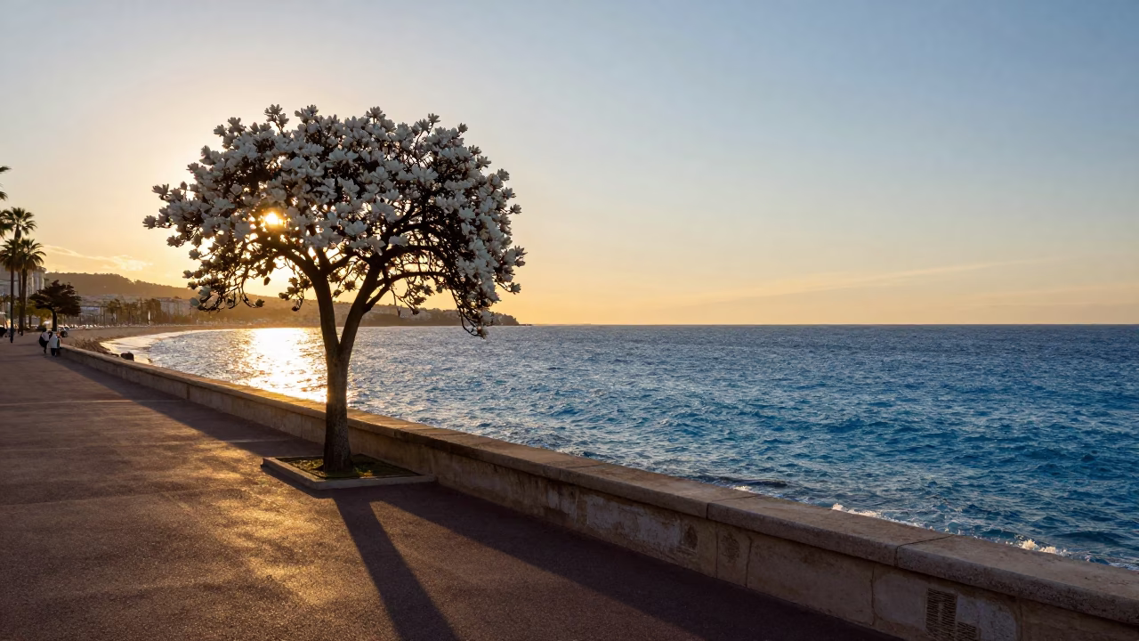 Sunset Light on Coastline in Nice in in Nice, France