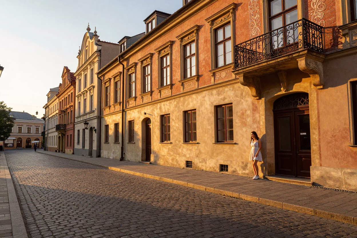 Sunset light on cobblestone streets of Krakow Poland with historic architecture in in Krakow, Poland