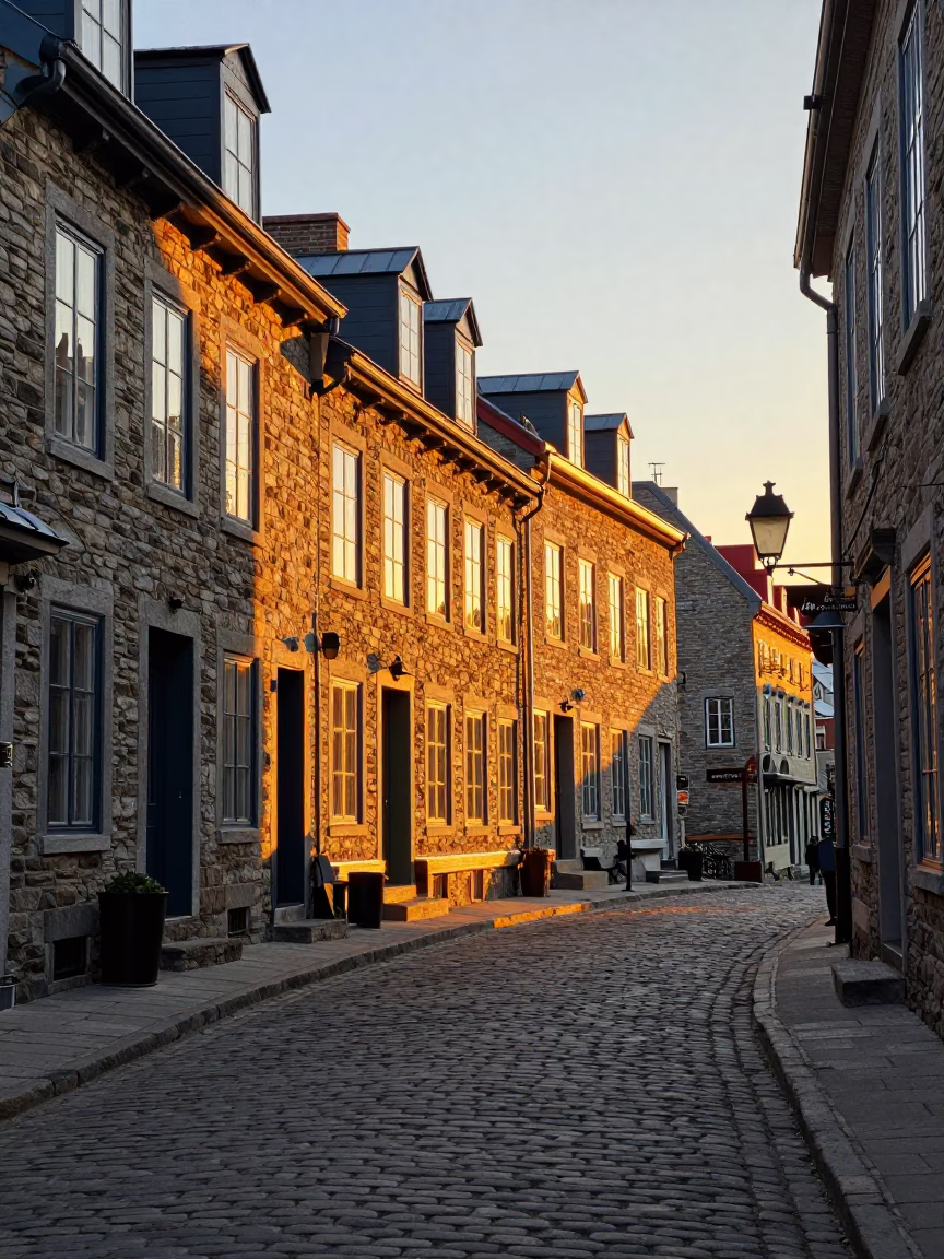 Sunset Light on Cobblestone Streets of Old Quebec City Near Historic Stone Buildings in in Quebec City, Quebec, Canada