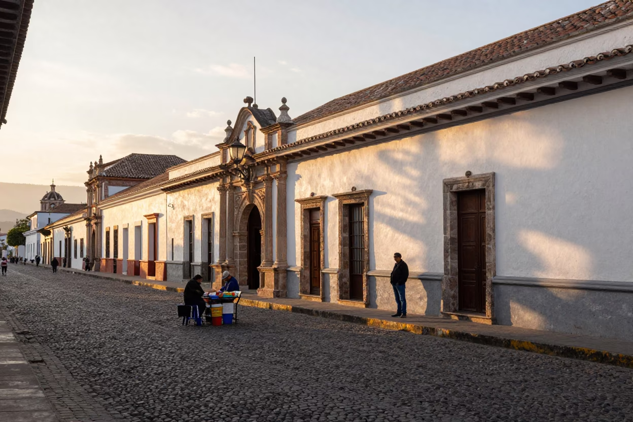 Sunset light on colonial Quito streets with street vendors and local architecture in in Quito, Ecuador