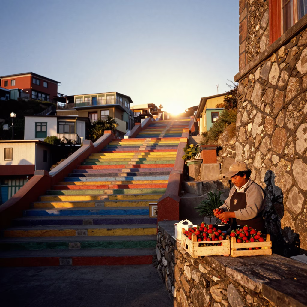 Sunset light on colorful Valparaiso hillside stairway with local vendor selling fresh strawberries in in Valparaiso, Chile