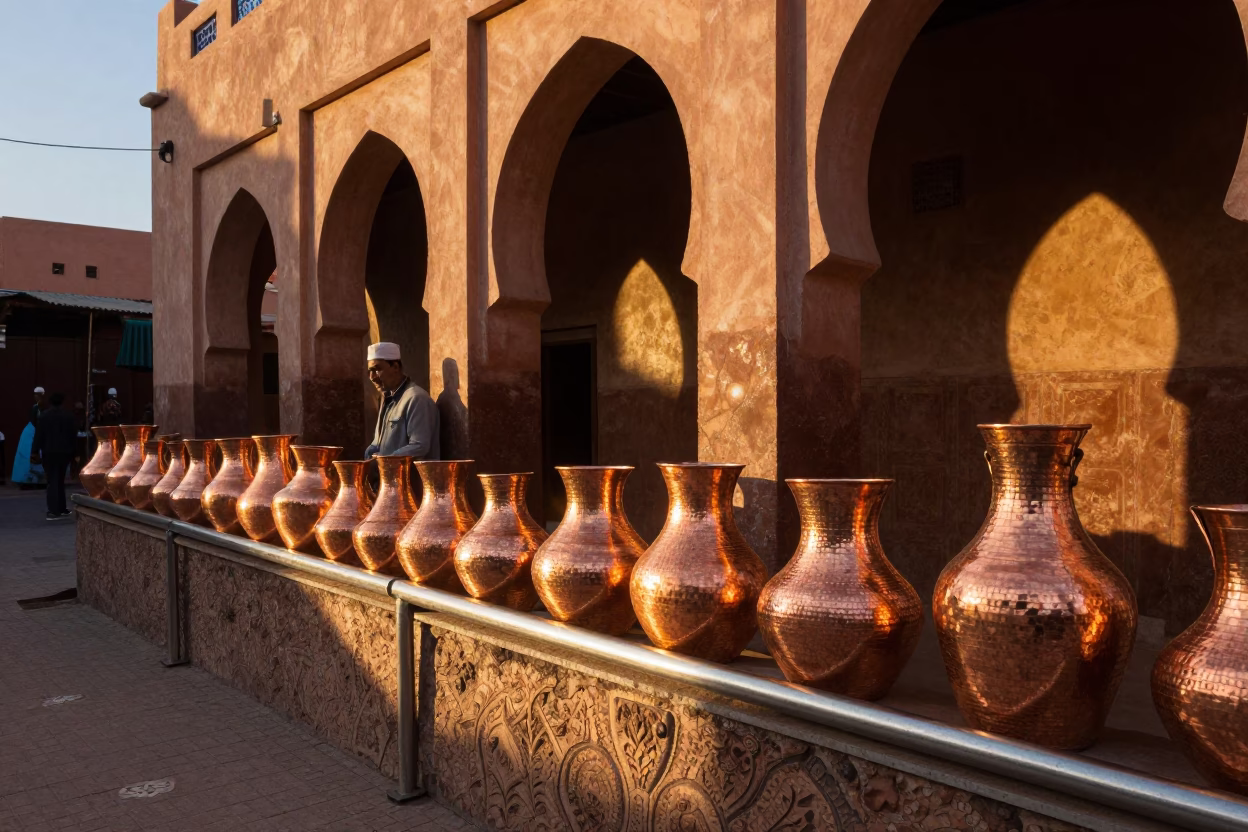 Sunset Light on Copper Pots in Marrakech Medina Souk with Figs and Steel Rail in in Marrakech, Morocco