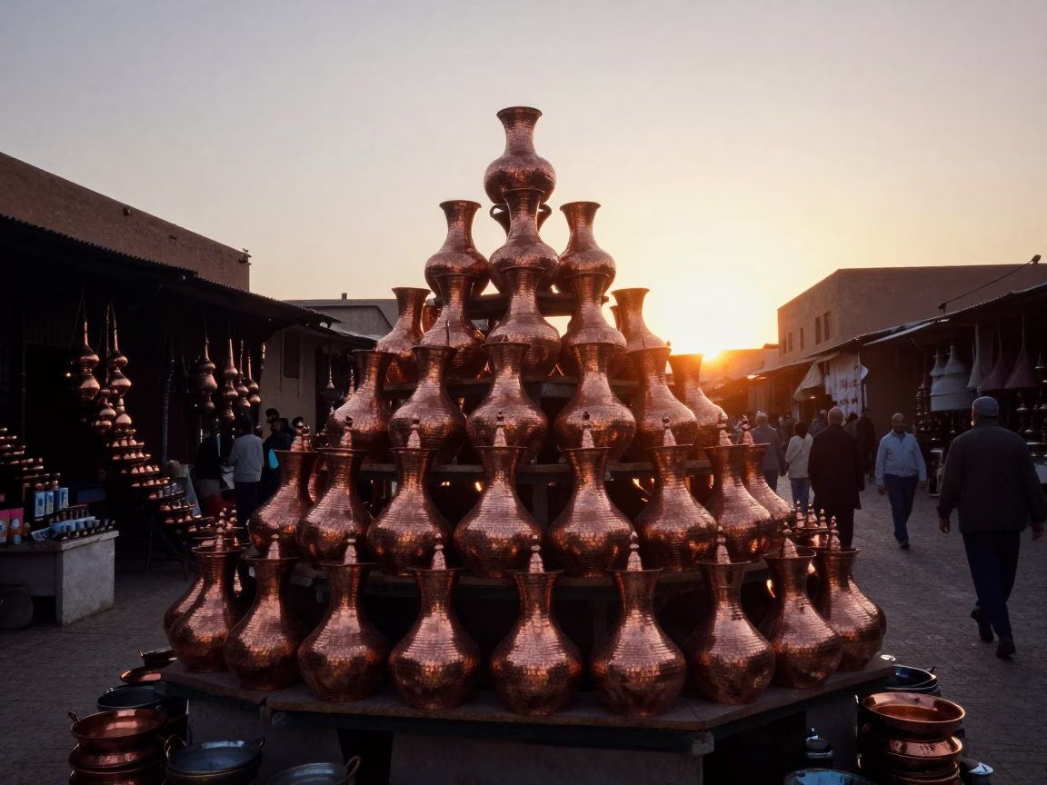 Sunset Light on Copper Pots in Marrakech Medina Souk in in Marrakech, Morocco