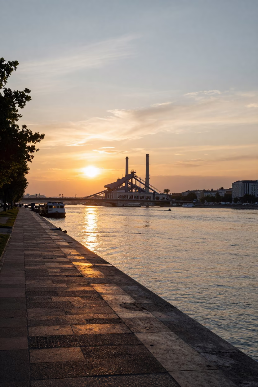 Sunset Light on Danube Riverbank in Budapest in in Budapest, Hungary