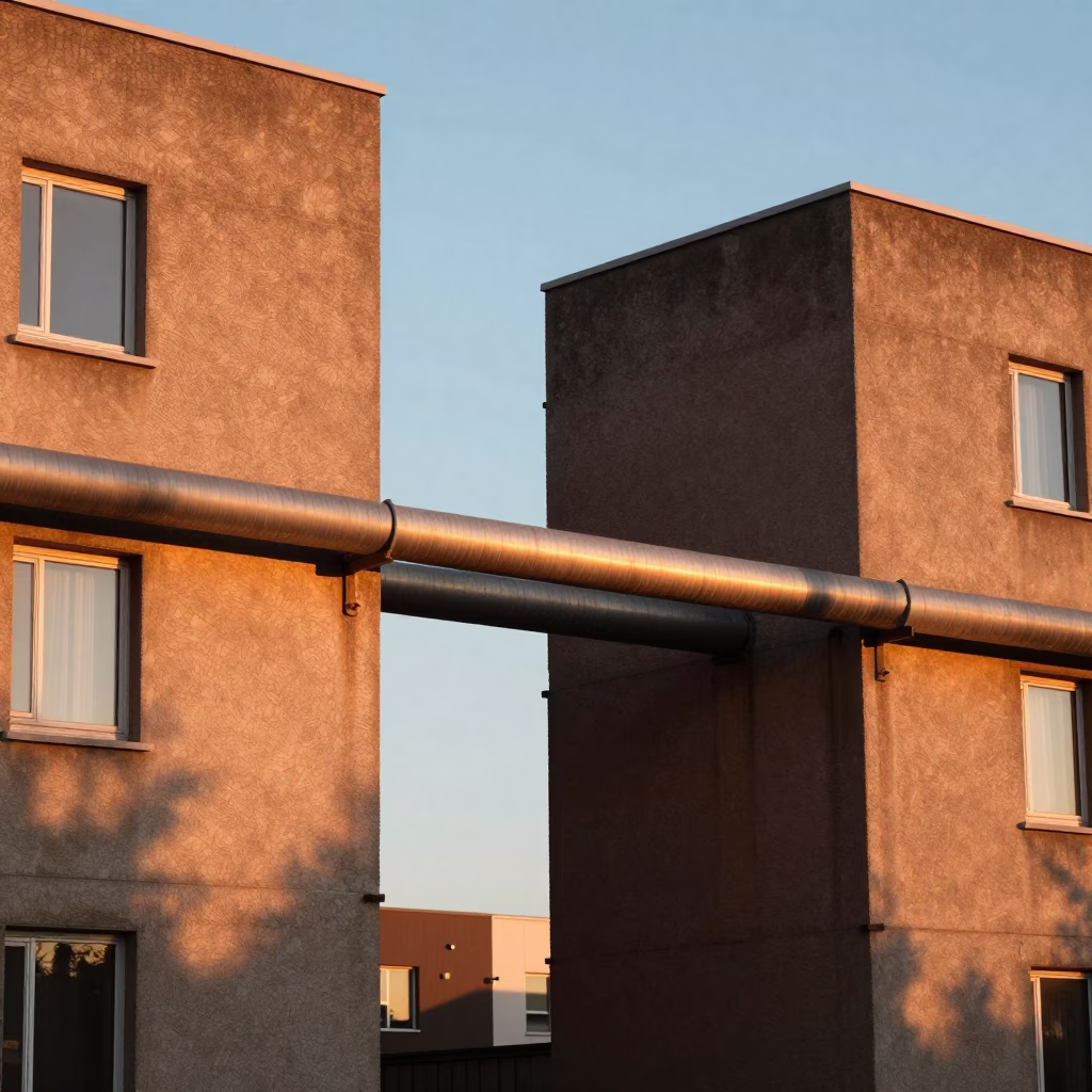 Sunset Light on District Heating Pipes Between Concrete Apartment Blocks in Dublin in in Dublin, Ireland