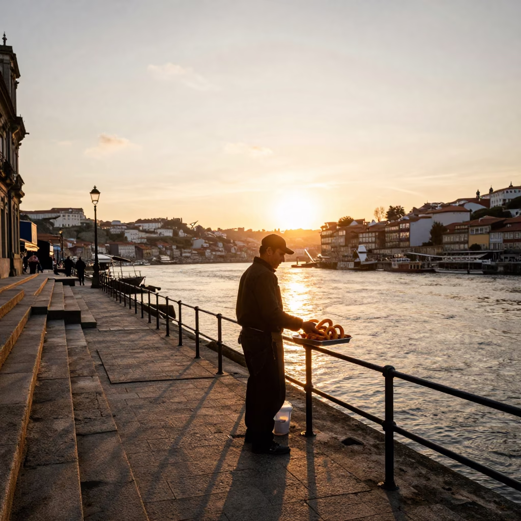 Sunset Light on Douro River Embankment in Porto Portugal with Churros and Chocolate in in Porto, Portugal