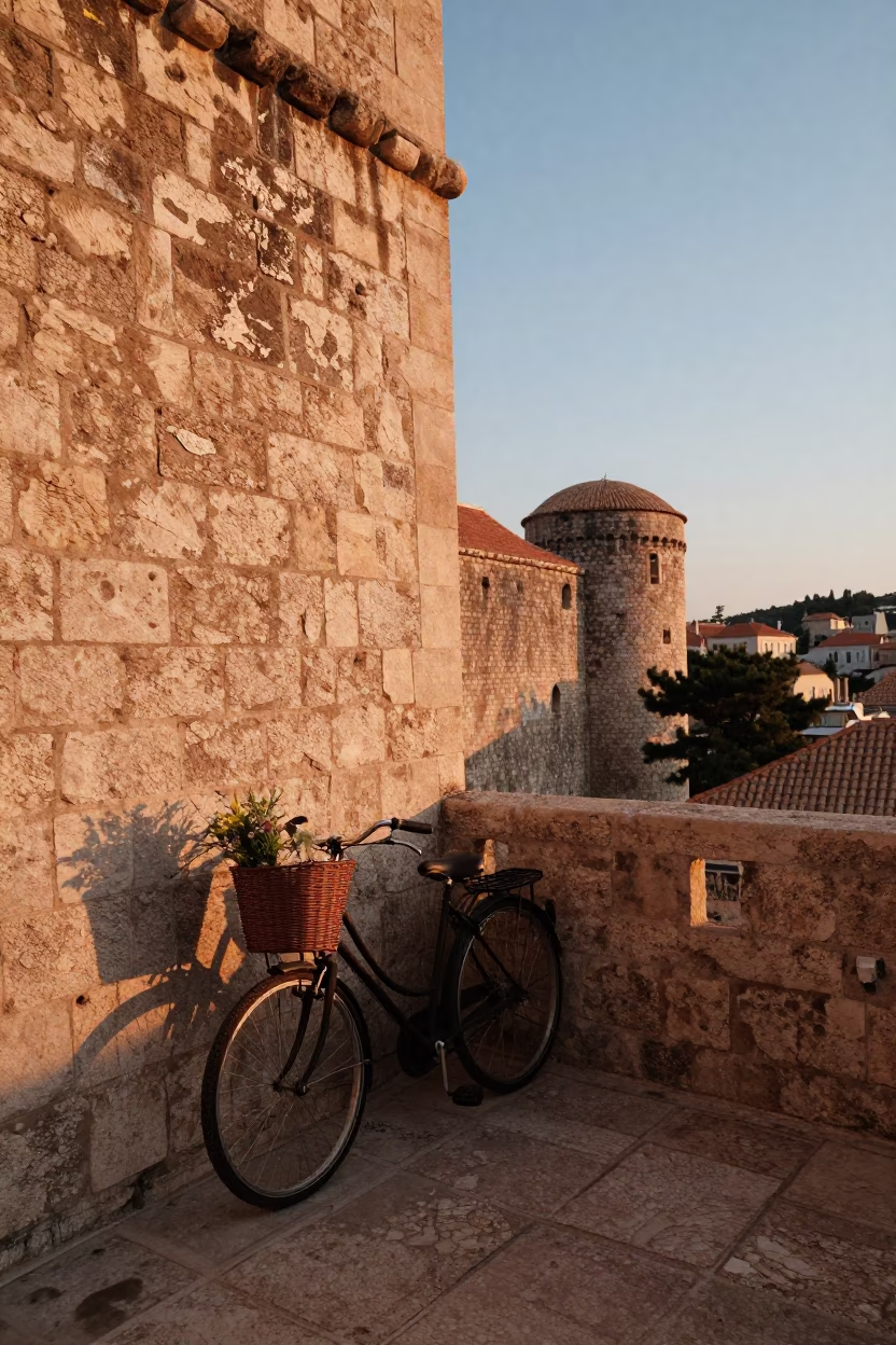 Sunset light on Dubrovnik limestone walls with bicycle basket and wicker shadow in in Dubrovnik, Croatia