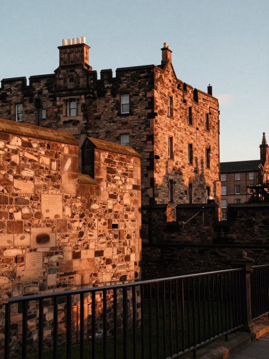 Sunset light on Edinburgh castle stone with fingerprints on metal rail and vine growth in in Edinburgh, United Kingdom