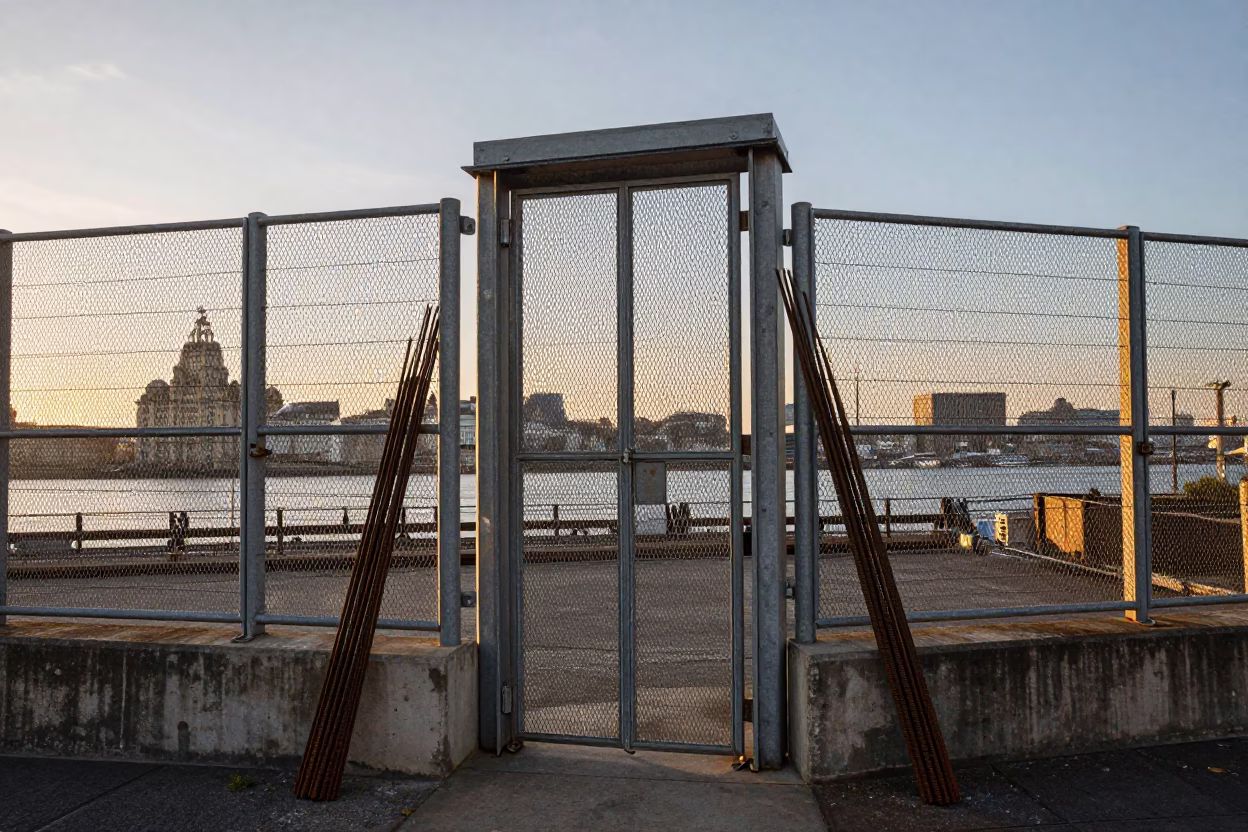 Sunset Light on Elevator Gate in Liverpool in in Liverpool, United Kingdom