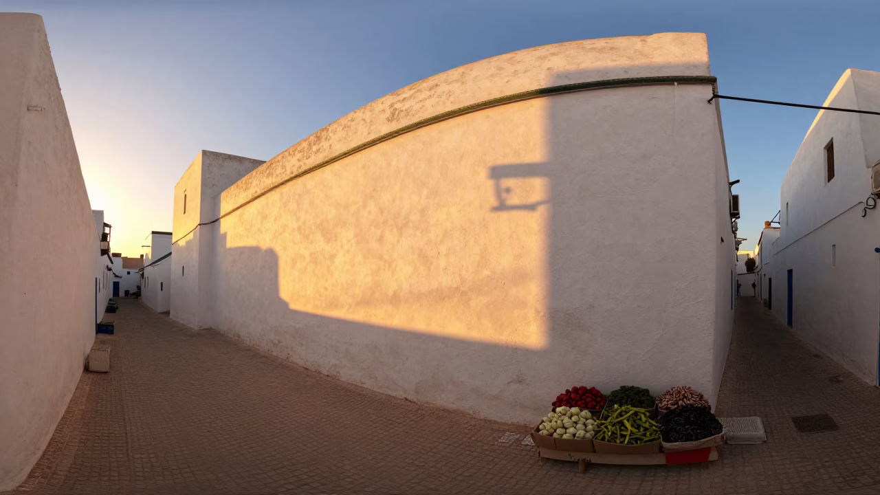 Sunset light on Essaouira medina walls with local produce and weather radar in in Essaouira, Morocco