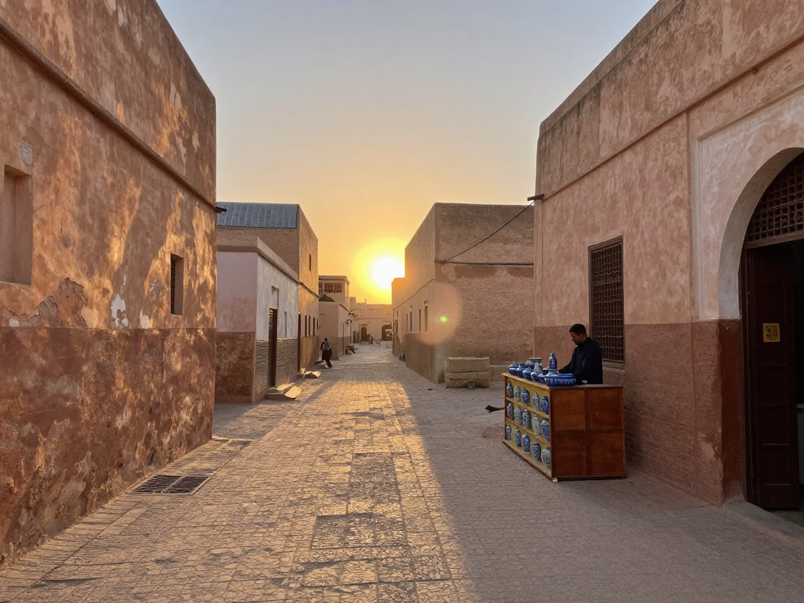 Sunset light on Fez medina street with blue porcelain bowl and geraniums in in Fez, Morocco