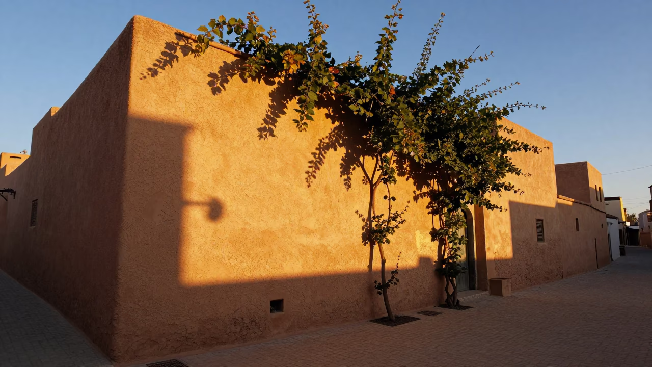 Sunset Light on Fez Medina Walls with Vine and Metal Stools in in Fez, Morocco