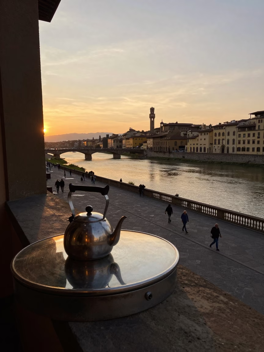 Sunset Light on Florence Palazzo Window Rim and Street Life in in Florence, Italy
