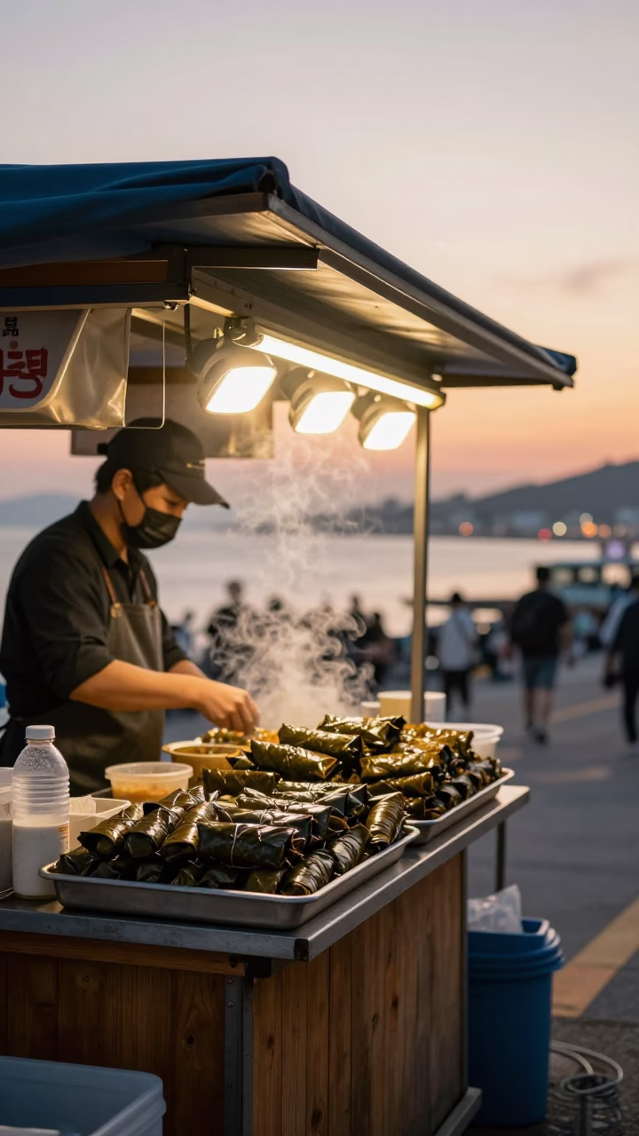 Sunset Light on Food Stall in Busan in in Busan, South Korea