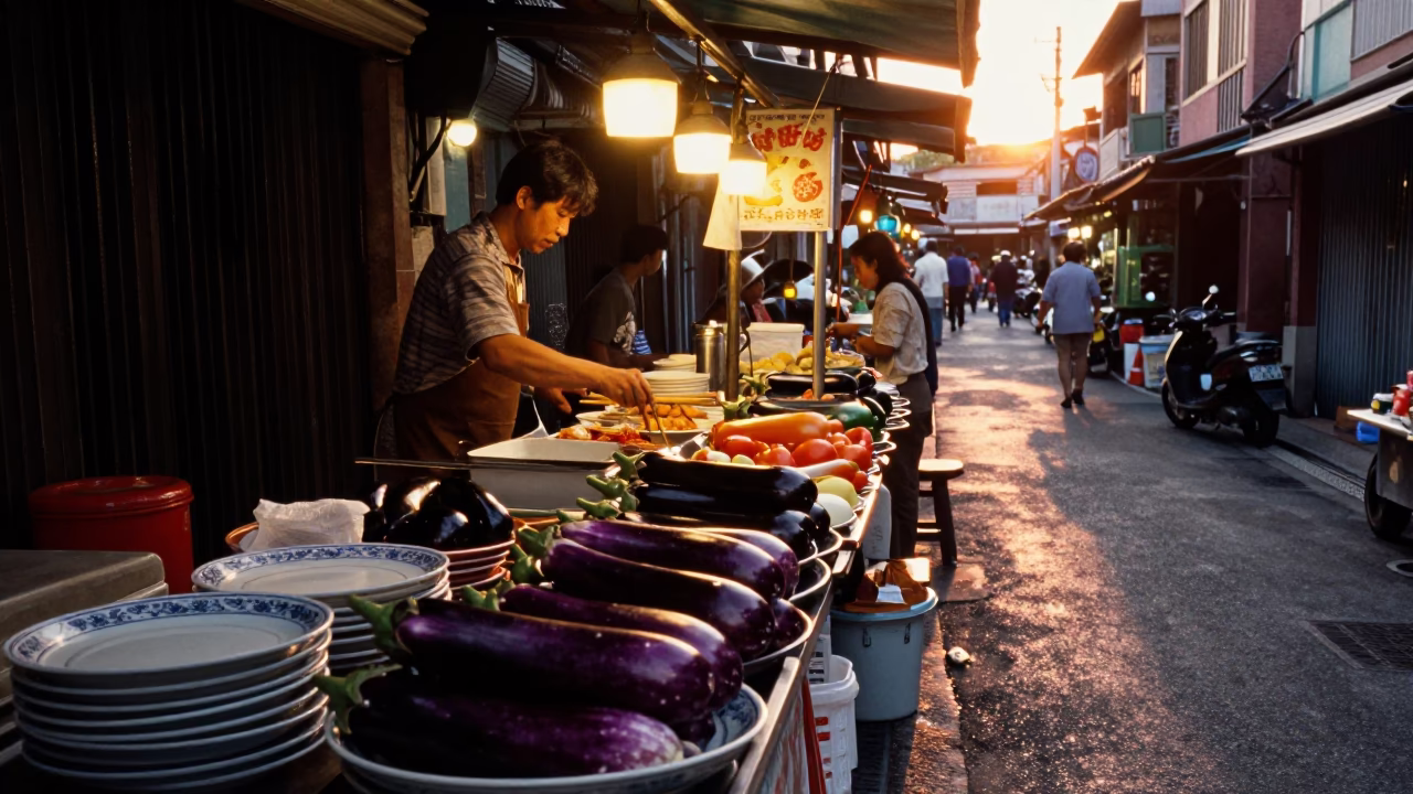 Sunset Light on Food Stall in Tainan in in Tainan, Taiwan