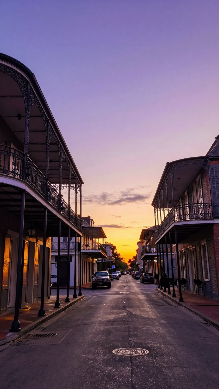 Sunset Light on French Quarter Street in New Orleans in in New Orleans, Louisiana, United States