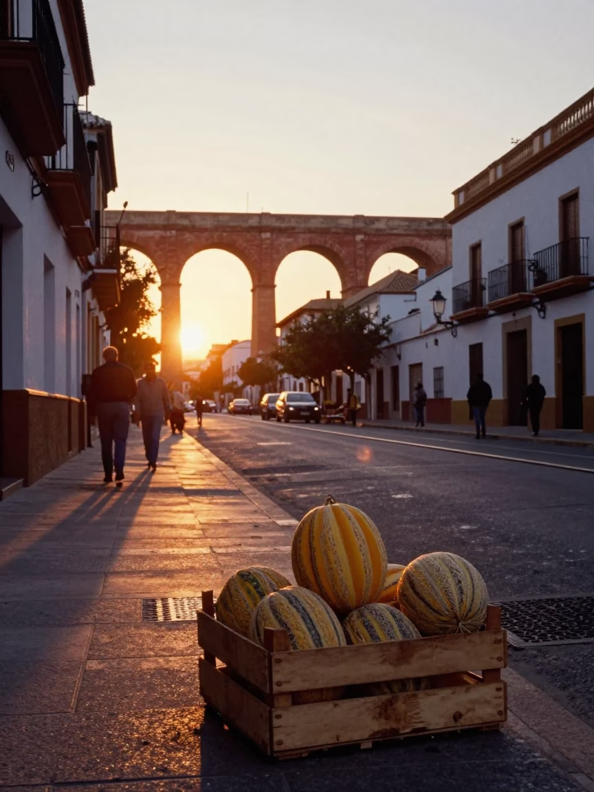 Sunset light on Granada Spain street with melons and railway viaduct arches in in Granada, Spain