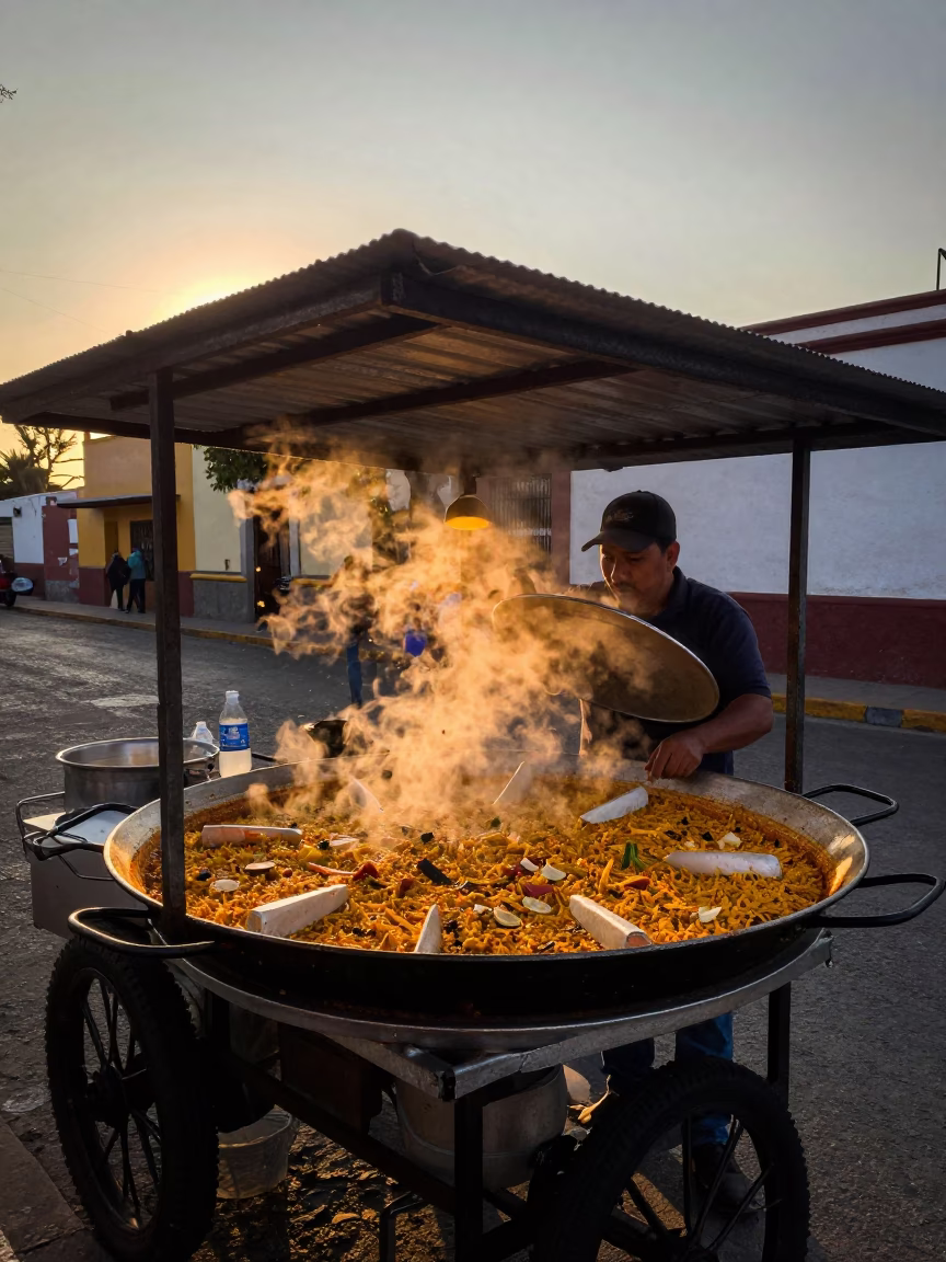 Sunset light on Guadalajara street vendor selling paella near Metropolitan Cathedral in in Guadalajara, Mexico