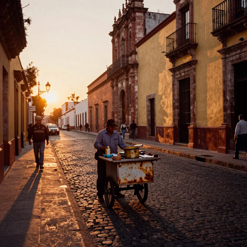 Sunset Light on Guadalajara Street with Rust and Jam Jar Details in in Guadalajara, Mexico
