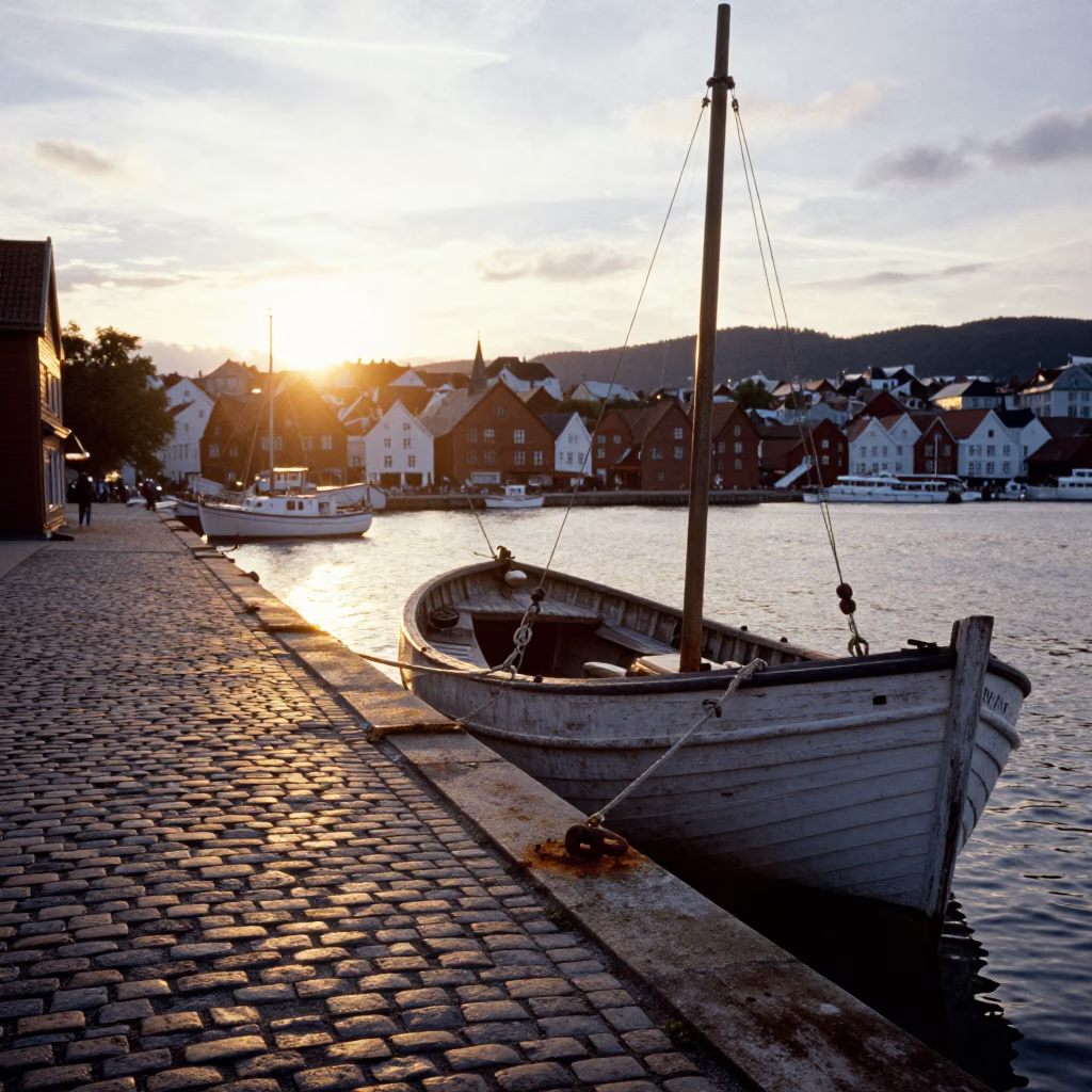 Sunset Light on Harbor Scene in Bergen in in Bergen, Norway