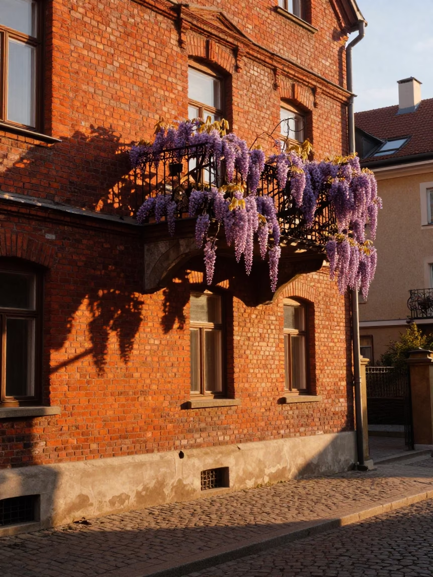 Sunset light on historic Budapest brickwork with wisteria and local street life in in Budapest, Hungary