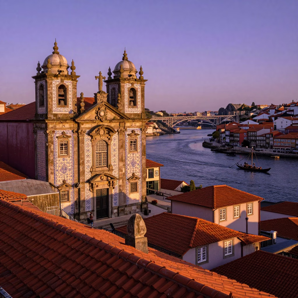 Sunset Light on Historic District in Porto in in Porto, Portugal