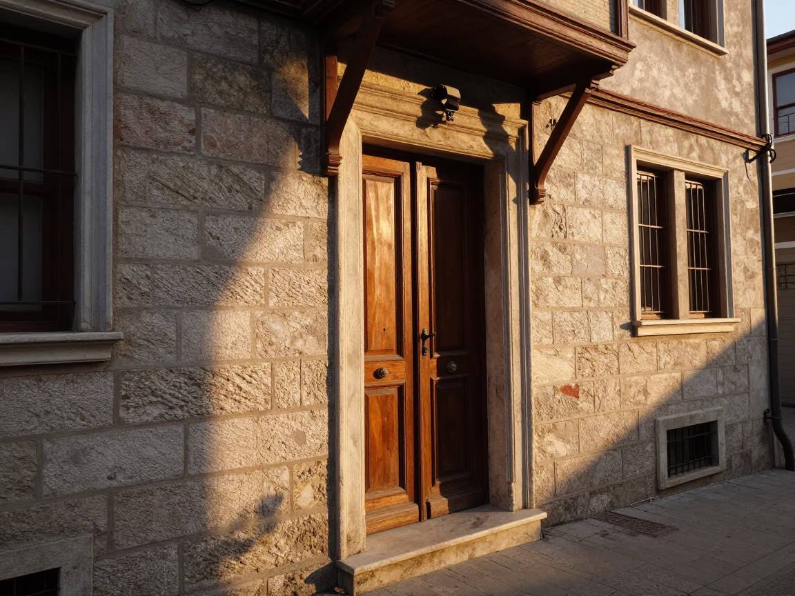 Sunset Light on Historic Istanbul Street Corner Near Doorframe and Wicker Basket in in Istanbul, Turkey