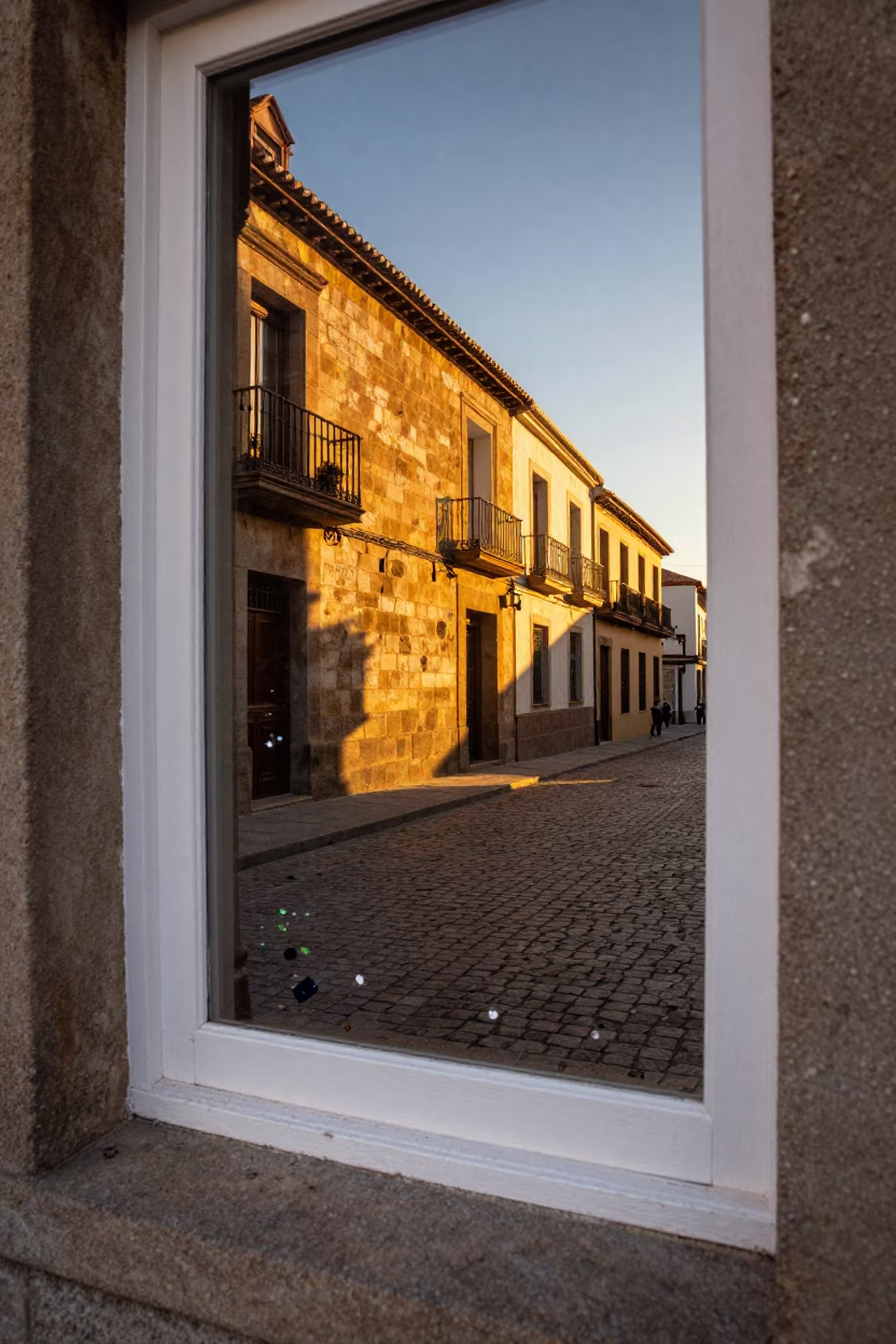 Sunset Light on Historic Madrid Street with Paint Flecks on Window Glass in in Madrid, Spain