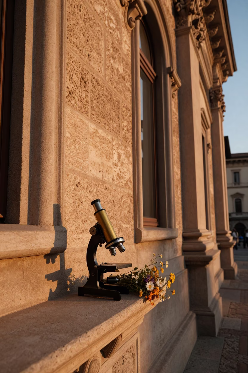 Sunset light on historic Milan facade with antique microscope and brass details in in Milan, Italy