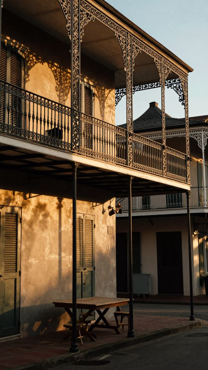 Sunset Light on Historic New Orleans Balcony with Ironwork and Local Life in in New Orleans, Louisiana, United States