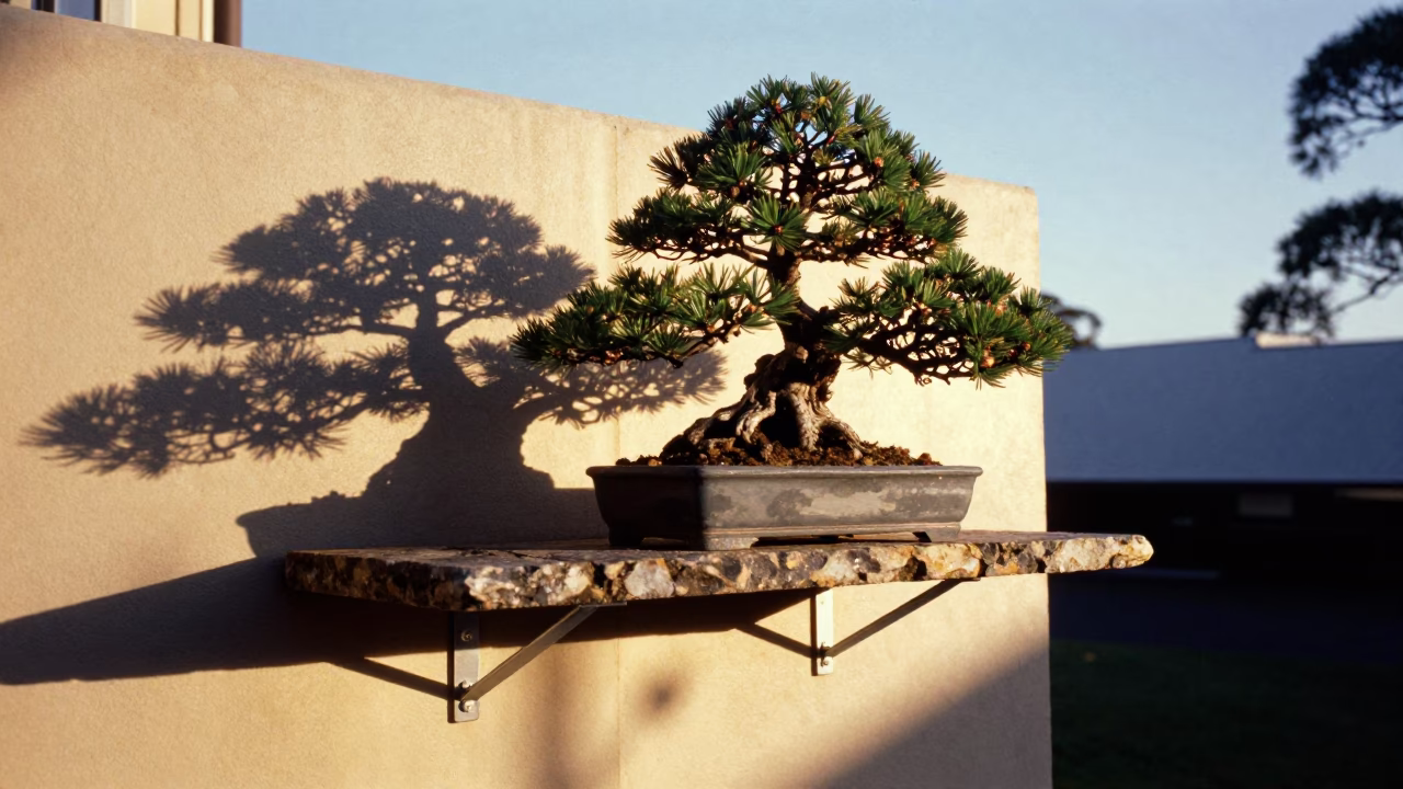 Sunset light on Hobart terrace shelf bracket with bonsai forest planting in in Hobart, Tasmania, Australia