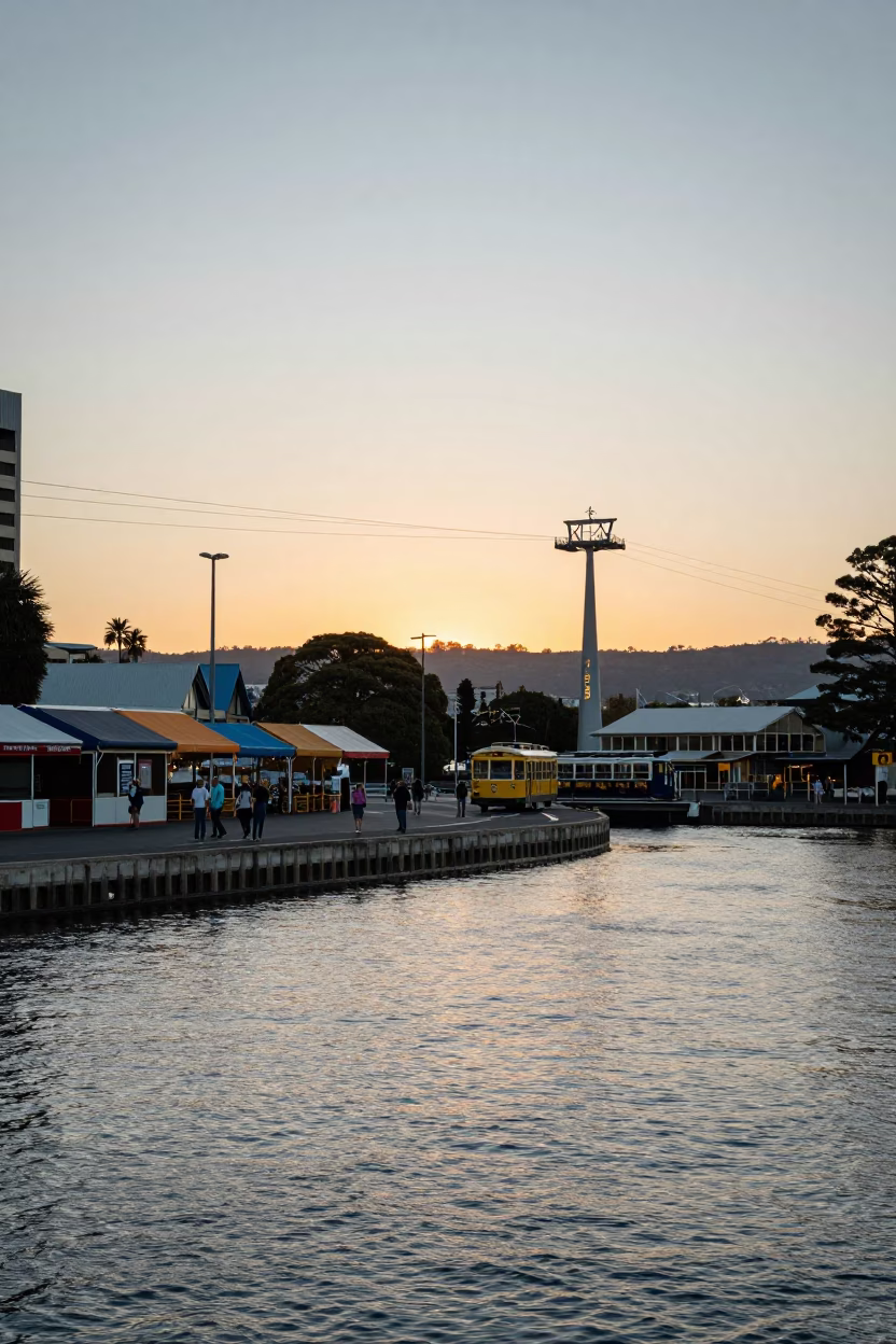 Sunset Light on Hobart Waterfront with Cable Car and River Derwent Reflections in in Hobart, Tasmania, Australia