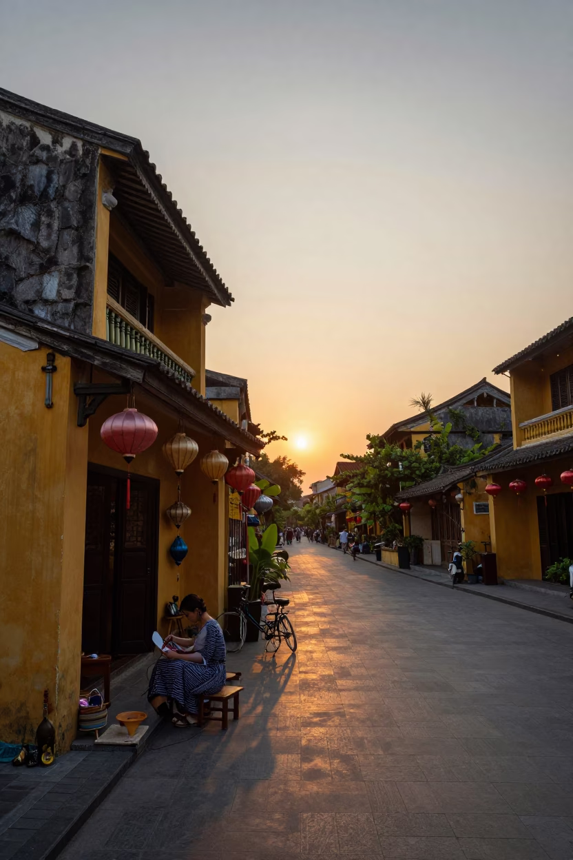 Sunset light on Hoi An ancient town lanterns and street in in Hoi An, Vietnam