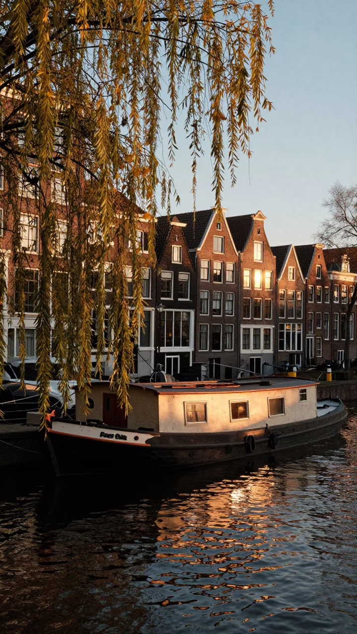 Sunset Light on Houseboat Moored in Amsterdam in in Amsterdam, Netherlands