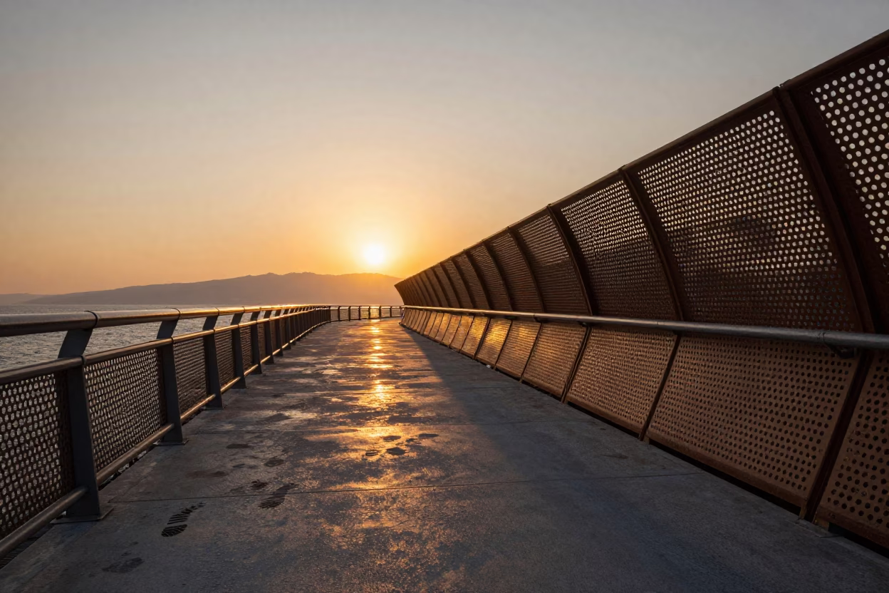 Sunset Light on Izmir Pedestrian Overpass with Perforated Metal and Wet Footsteps in in Izmir, Turkey