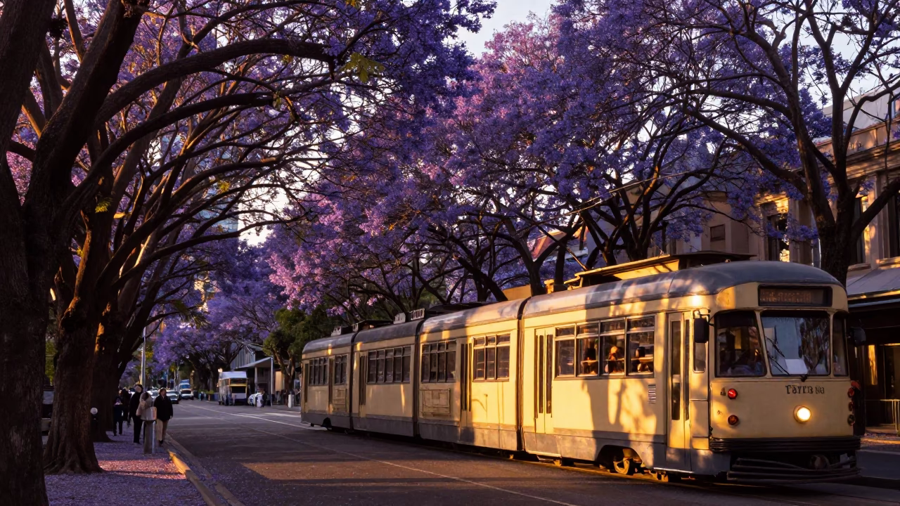 Sunset Light on Jacaranda Blooms and Heritage Tram in Melbourne Victoria Australia in in Melbourne, Victoria, Australia