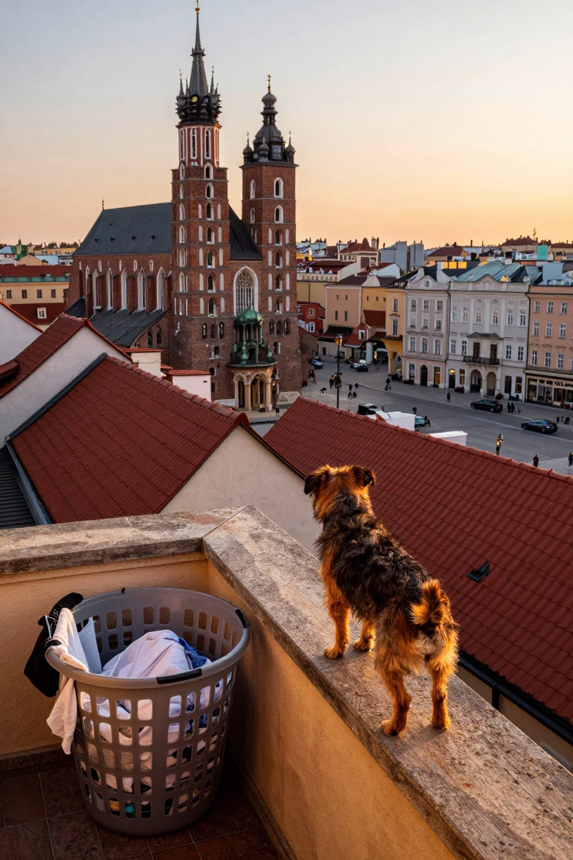 Sunset Light on Krakow Balcony with Laundry Basket and Border Terrier in in Krakow, Poland