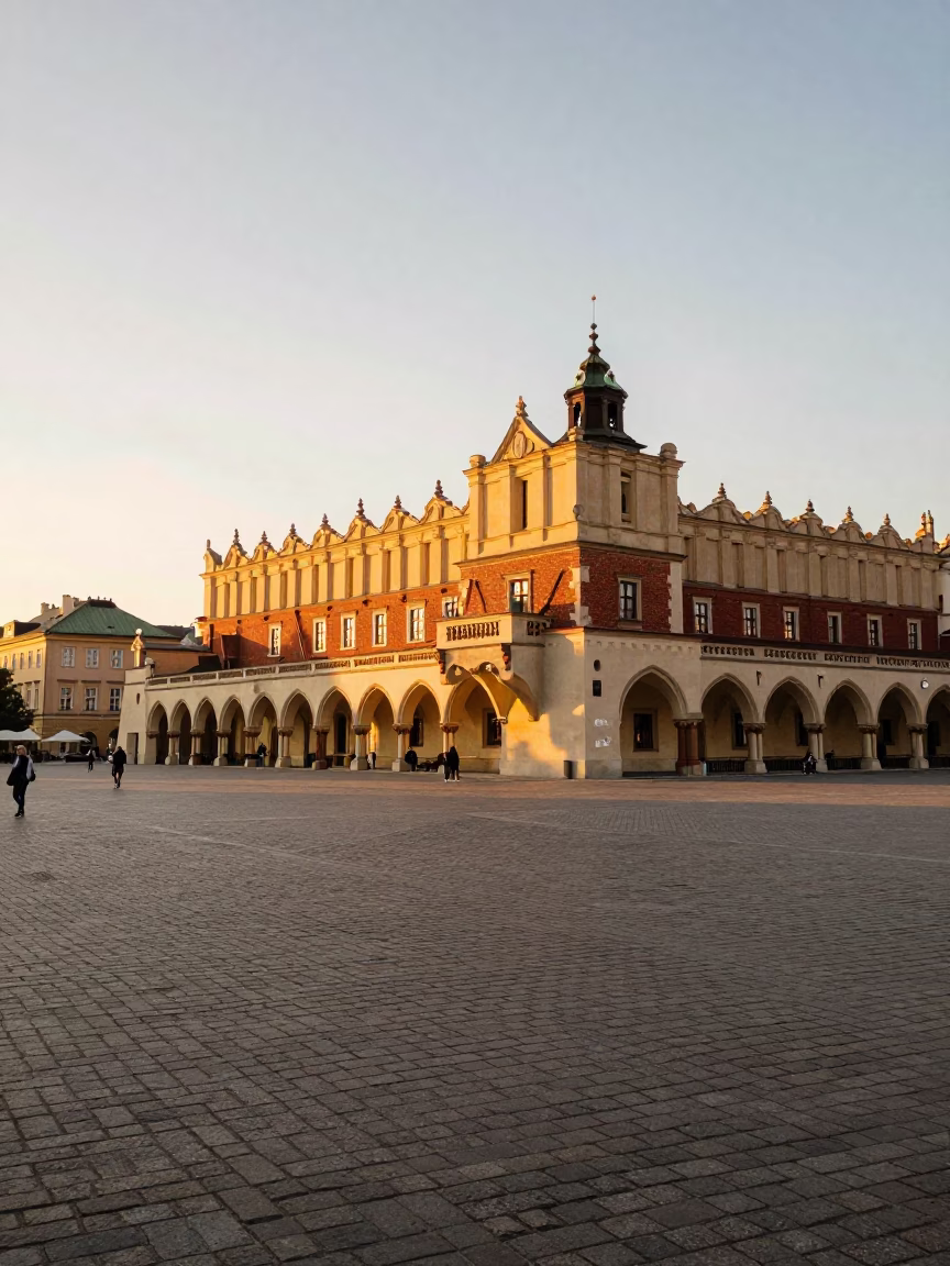 Sunset Light on Krakow Old Town Square with Gelato Display and Railway Viaduct in in Krakow, Poland