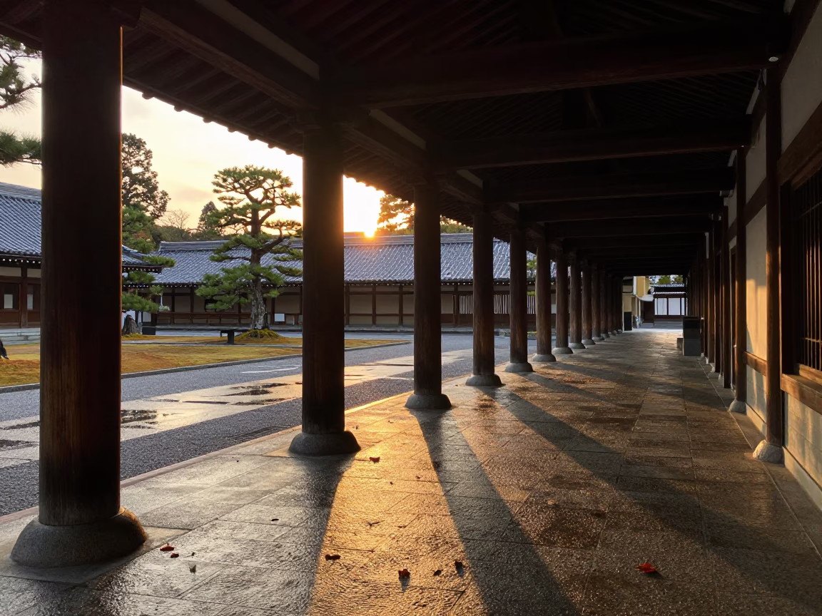 Sunset light on Kyoto university arcade with wet leaves and ceramic tea bowl in in Kyoto, Japan