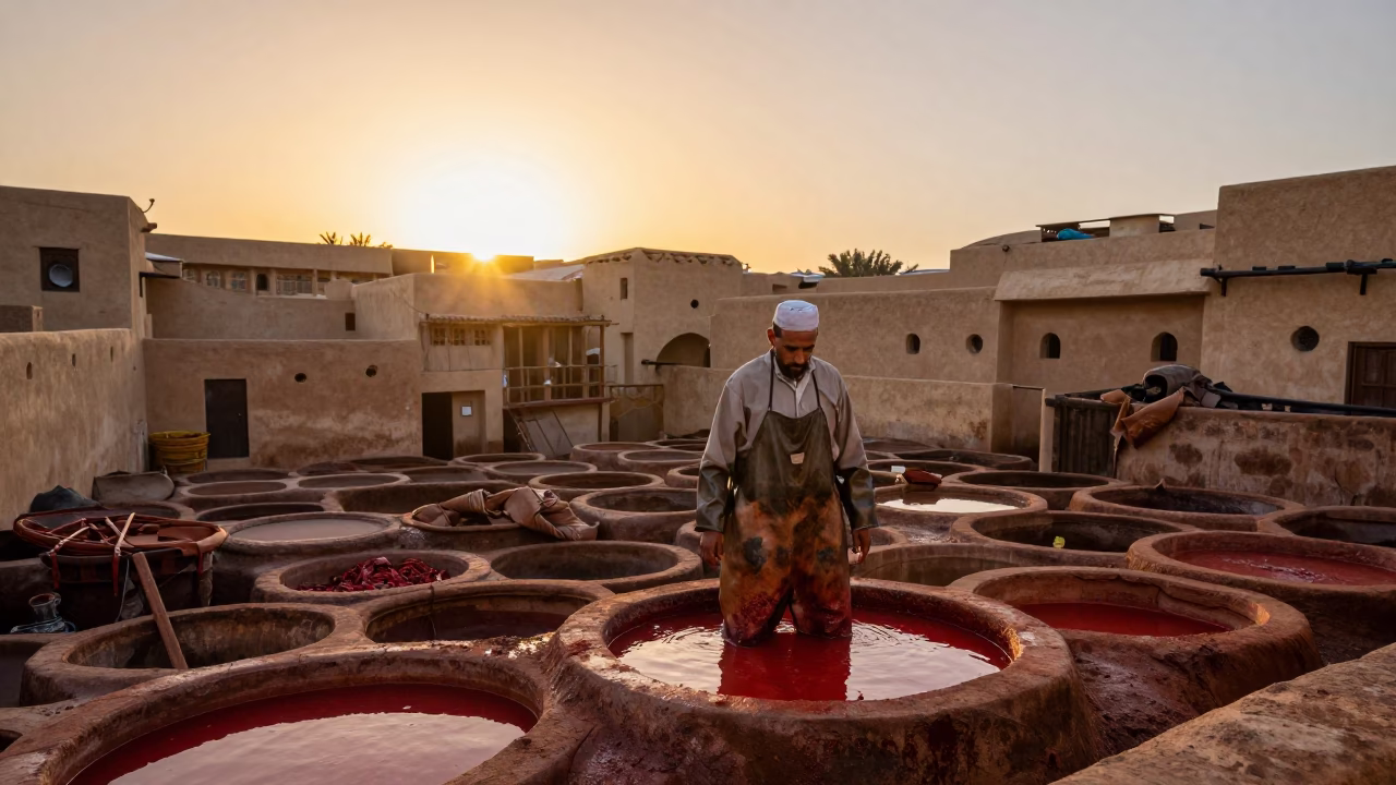 Sunset Light on Leather Tanning Pits in Fez Morocco with Worker Aprons in in Fez, Morocco