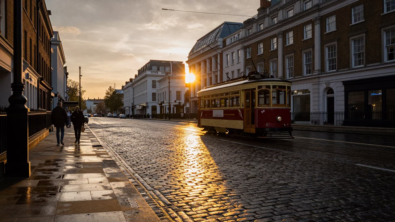 Sunset light on London cobblestones with heritage tram and dahlia blooms in in London, United Kingdom